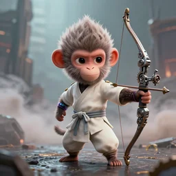 cute lonely martial arts monkey, gears of war, hold mechanical bow and arrow, wearing off - white style, with depth of field octane, neon hand sports bracelet, standing on the water ground, with mad max style, smoke war, comic paint, anorld render, unreal engine render, vfx, octane render, highly quality, artstation, 4 k,