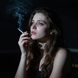 brunette woman with pale skin and blue eyes, long hair, smoking a cigarette in a spotlight on stage, a single tear, 4K, photorealistic, moody shadows