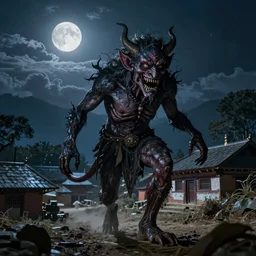 a mythical demon roaming a village in nepal at night, very scary photo, moonlit