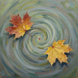 an up close view of a whirlpool, where two maple leaves swirl on opposite sides, oil painting, midday,