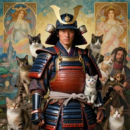 realistic detailed portrait movie shot of a traditional samurai in full armor with lots of cats and kittens, sci fi landscape background by denis villeneuve, amano, yves tanguy, alphonse mucha, max ernst, caravaggio, roger dean, masterpiece, rich moody colours, dog teeth, blue eyes