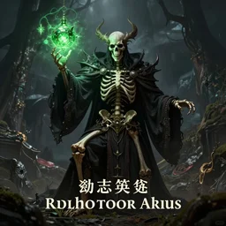 an artwork of a skeleton overlord magician casting a spell with green ornaments, dark souls style