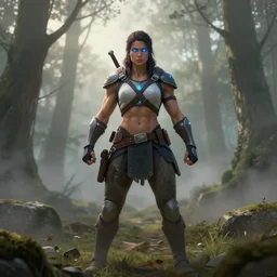big muscular female warrior with glowing blue eyes, apex legends, forest plains of yorkshire, misty forest, mcu concept art, good value control, digital painting, sharp focus, rule of thirds, 4k, centered, magic hour photography, atmospheric, moody colors