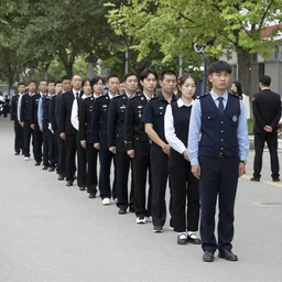 long line-up of suspects, full body view