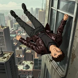 animation movie poster of an android falling off a large windowed building in a muddy cyberpunk city, muted colors, anime, futuristic, highly detailed, octane render, movie poster, wearing a leather trench coat, realistic face details, realistically proportioned face, illustration, digital painting, matte painting, good value control, rule of thirds