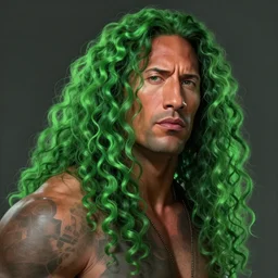 portrait of dwayne johnson, long and very curly curly green hair, expressive pose, futuristic, highly detailed, digital painting, artstation, concept art, smooth, sharp focus