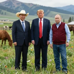“Xi Jinping, Donald Trump and Vladimir Putin wearing cowboy costumes while working on a farm in Montana, under Joe Biden’s command”