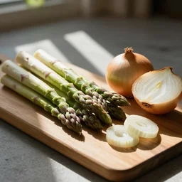 asparagus and cut onion, on a wooden board, sunlight streaming in, cookbook photography