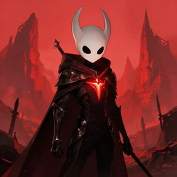 horror art, hollow knight radiant, red peaks in the background, art by greg rutkowski