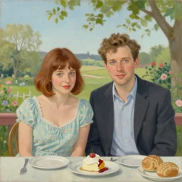 creamy, delicious painting, portrait of a couple on a date, by wes anderson