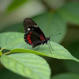 black and red butterfly on green leaves, bokeh, proffesional photography