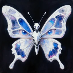 dark whimsical white iridescent organic robot butterfly. angular futuristic sci - fi features and big eyes gazing strongly. deep blue and pink tones. dark black background. highly detailed science fiction painting by moebius, frank frazetta, and syd mead. rich colors, high contrast. lens flare, y 2 k aesthetic on artstation