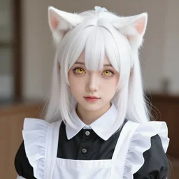 realistic beautiful gorgeous natural cute young teenager girl white hair cute white cat ears in maid dress outfit golden eyes artwork drawn full HD 4K highest quality in artstyle by professional artists WLOP, Taejune Kim, Guweiz, ArtGerm on Artstation Pixiv