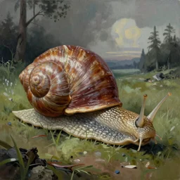 detailed hyper realistic painting of a giant snail in a landscape in the style of beksinski