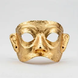 gilded tribal mask, commercial catalog photo, isolated on a pure white background, centered, entire object in frame, sharp focus, soft studio lighting