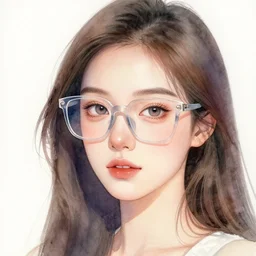 watercolor painting of a very beautiful woman wearing translucent eyeglasses