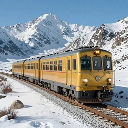 golden train riding snowy silver mountains