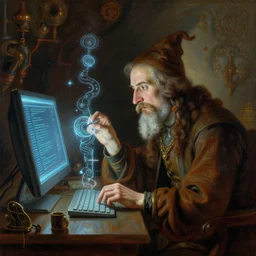 time travelling wizard experimenting with new arcane programming language on a glowing computer, intricate oil painting, joseph wright of derby