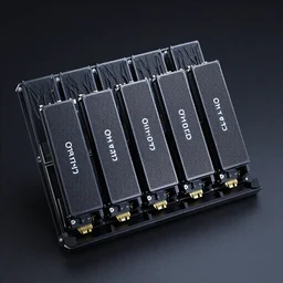 a cinematographic 30mm shot of desktop quantum computer with 8 nvidia Q100 1TB accelerators, 8k, high resolution.