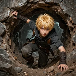 An epic fantasy comic book style portrait painting of a young blonde boy thief climbing out of a hole, unreal 5, DAZ, hyperrealistic, octane render, cosplay, RPG portrait, dynamic lighting
