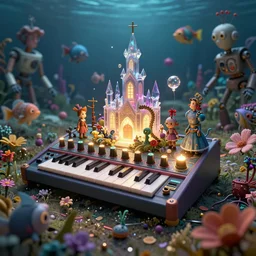 a centered render of intricate modular synthesizer of alice in wonderland, shining its light across a tumultuous sea of flowers, undersea animals and crystal church, robots by dorothea tanning and salvador dali, trending on artstation, cyber punk, octane render, high detailed, human : - 2, blur : - 2, depth of field : - 2