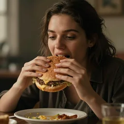 burger eaten by a woman, photorealistic, realistic, dramatic, cinematic, cinematic, photography