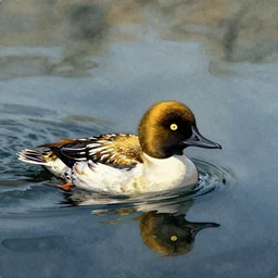 a goldeneye swimming in a faraway lake. this watercolor painting by the award - winning comic artist has dramatic lighting, an interesting color scheme and great sense of depth.