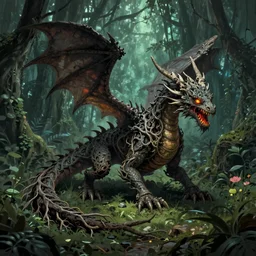 a dragon made of roots, unfurls itself from the undergrowth of a dark fantasy jungle, eyes aflame with hate by brian froud, by ed binkley