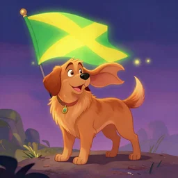 beautiful picture of stray, Stray caramel dog and a green and yellow flag, glowing colors, fantasy art, trending on artstation, cgsociety, nice composition, great fantasy mood, classic Disney mood