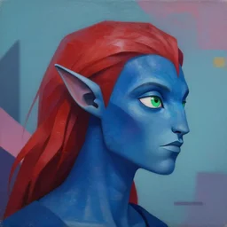 Avatar with a red hair, green eyes, satyr ears and a deep blue skin profile picture by Greg Rutkowski, asymmetrical, Organic Painting , Matte Painting,  geometric shapes, hard edges, street art, trending on the artstation:2 by Sachin Teng:4, blur: -4