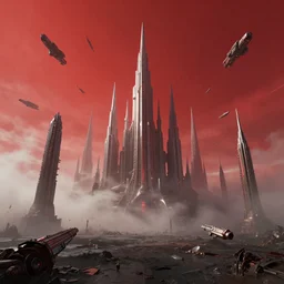 surrounded by fumes, spaceships raced through the beautiful red sky, above the metallic remains of ancient times. rising above the dark grounds, gigantic, enlightened buildings stood, like hundreds of needles piercing the sky. those overwhelming skyscrapers seemed almost able to reach the stars as if trying to reveal the immensity of this unknown universe, arnold render,