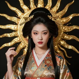 hyper realistic portrait photo of beautiful ameterasu the sun goddess of japan, japanese model, portrait shot, intricate detail, glittering sun rays