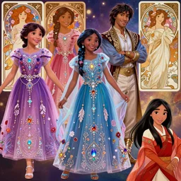 Character concept fashion spot illustrations of Disney's Encanto and Aladdin and Mulan crossover, colorful, full-body, bloom, dynamic poses, diaphanous cloth, intricate crystalline and feather jewelry, ornate, filigree, arcane, cinematic lighting, by Artgerm, by Alphonse Mucha, by Bouguereau, by Sakimichan, fantasy, portfolio illustration, highly detailed, trending on Artstation, CGsociety, HQ, 8k, 35mm lens, f2.8, Bokeh,