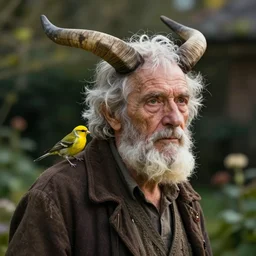 “a photograph of an old man with horns hanging out in his garden with a tiny yellow bird on his shoulder.”