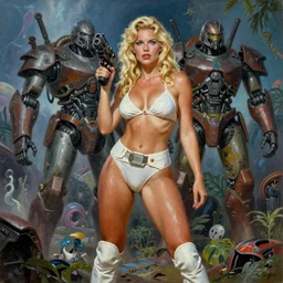 A mixed media portrait painting of a beautiful blonde brunette woman exploring a tropical alien planet, very curvy, aesthetic! high-waisted white-bikini-armor and boots, holding a ray-gun, aesthetic symmetrical face and eyes, model, Scandinavian, wet, discarded mechsuit in background, by  Frank Frazetta, Boris Vallejo, Beeple, Greg Rutkowski, Christian MacNevin, eighties-pinup style, epic fantasy character art, high fantasy, CGsociety, exquisite detail, post-processing, masterpiece, cinematic
