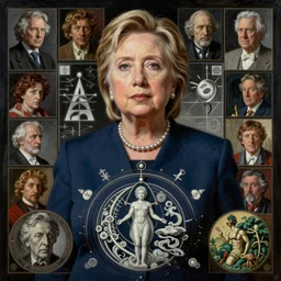 hyper realistic painting of hillary clinton, in the style of mc escher, wayne barlowe, gustav moreau, goward, gaston bussiere and roberto ferri, santiago caruso, and austin osman spare, bouguereau, mucha, saturno butto, sorayama. occult art, alchemical diagram