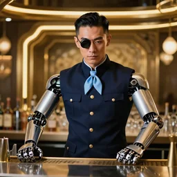 portrait of a male bartender, chinese, cyborg, muscular, slick black hair, robotic arms, navy mao suit, light blue ascot, monocle, in a bar lit by gold and silver neon lights, john singer sargeant