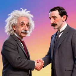Albert Einstein and Nikola Tesla handshaking on pixar movie, digital art, unreal engine 5, trending on artstation, Vibrant colors, Smooth gradients