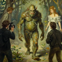 renaissance grotesque full body portrait painting of angry swamp thing walking to the camera, camera puller back far, superior, elegant artwork by lee bermejo and greg rutkowski and alphonse mucha