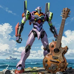 < a huge mecha > stands in the ocean with a big < steampunk guitar >, movie poster in the style of < neon genesis evangelion >, 3 d anime, arcane style, retropunk, high resolution, 4 k, retrofuturism, by < yoshiyuki sadamoto > and ghibli