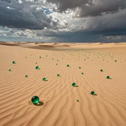 sprawling desert covered with small shiny emerald spheres under dramatic clouds by caspar david friedrich, paolo uccello, by alexander fedosav, 8 k resolution, behance hd, artstation, nightcafe