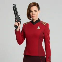 Ellen Page as Captain Janeway from Star Trek Voyager, wearing a red captain's uniform, holding a phaser rifle