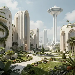verdant classical garden based on the brutalist architecture of carlo scarpa in a megacity made of modernist travertine temples, sci-fi, a white space elevator in the distance light blue sky with clouds, dramatic matte painting, style by syd mead, 8k, octane render, photorealistic, hyperrealism