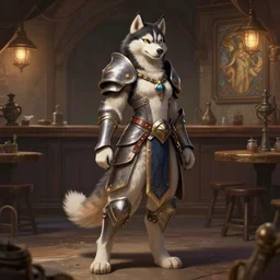 full body photograph of a female anthro husky fursona paladin in a tavern, deep focus, intricate, elegant, highly detailed, digital painting, artstation, concept art, matte, sharp focus, illustration, d & d, fantasy, hearthstone, art by artgerm and greg rutkowski and alphonse mucha