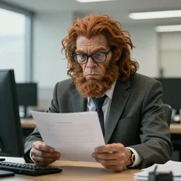 photo of a real caveman in a suit and glasses, reading a document at a desk in an office. Highly detailed 8k. Intricate. Sony a7r iv 55mm. Award winning.