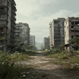 a deserted city, empty buildings, dystopic, vegetation, trending on artstation, deviantart, high detail, high definiton, high quality, ultra realistic, hyper realistic, photo realistic, 4 k, uhd,