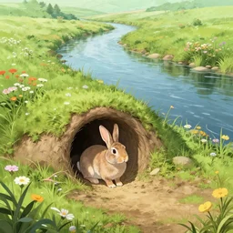 rabbit burrow beside a flower lined river extremely detailed, sharp focus, wide view, full body shot, smooth, digital illustration, by james jean, by rossdraws, frank franzzeta, sakimichan rutkowski