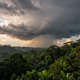 a beautiful picture of a dark distant thundercloud over a lush rainforest, intricate detail, impending doom and destruction, sunset, serene, volumetric lighting, volumetric clouds, 8 k, hyperrealistic, digital art trending on artstation