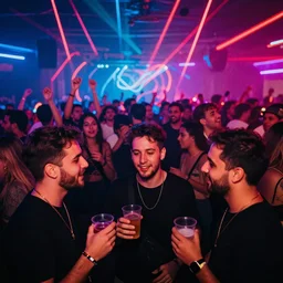 in the front 3 friends partying with drinks, in the back a huge crowd and neon light, abstract