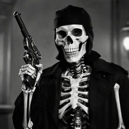 mafia skeleton with a puro and a gun in hand, black and white, vintage, 80s movies, 8k cinematic shot, hyper realistic, very detailed